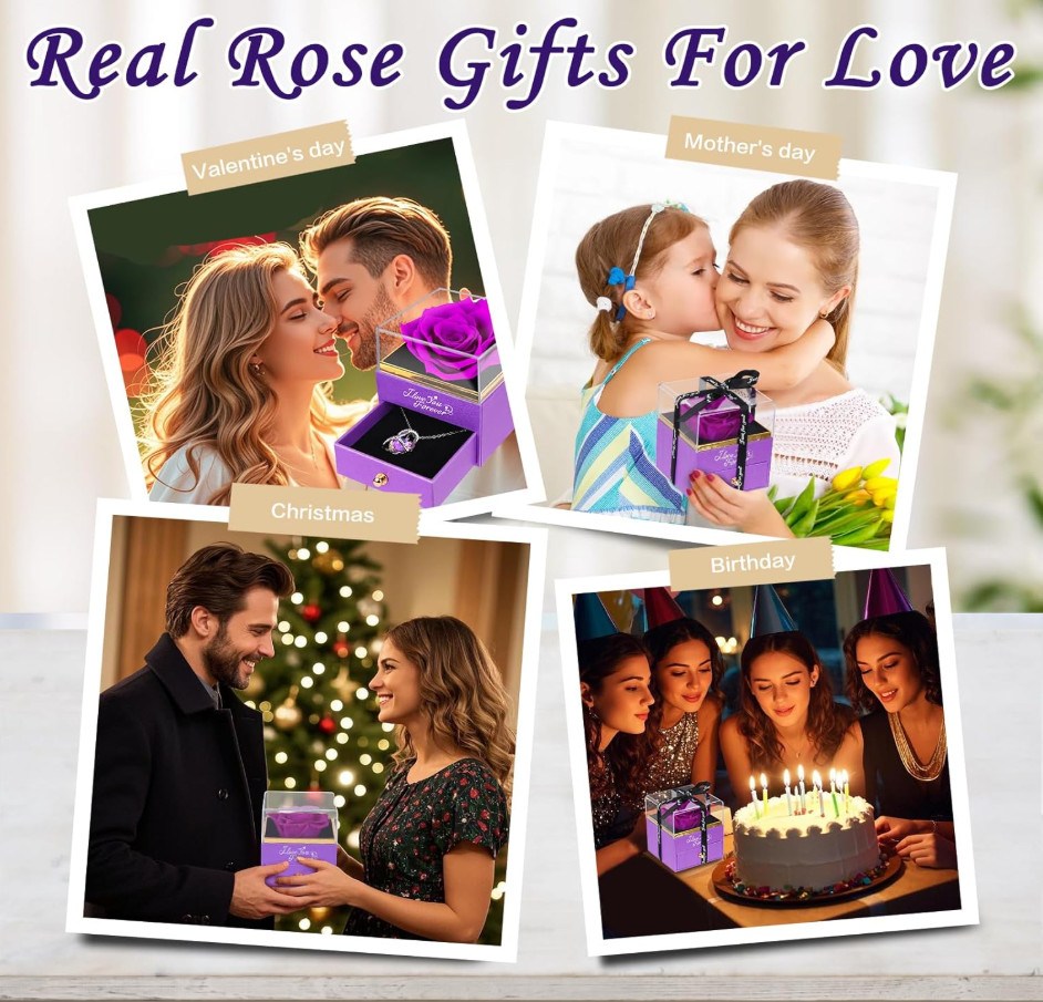 Valentine’s Day Forever Preserved Rose with Necklace Gift for Her Women Mom Wife