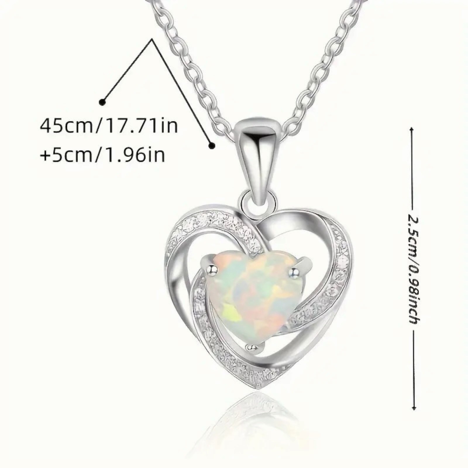 Women Silver Plated Opal Heart Pendant Necklace 18” Lab-Created B90