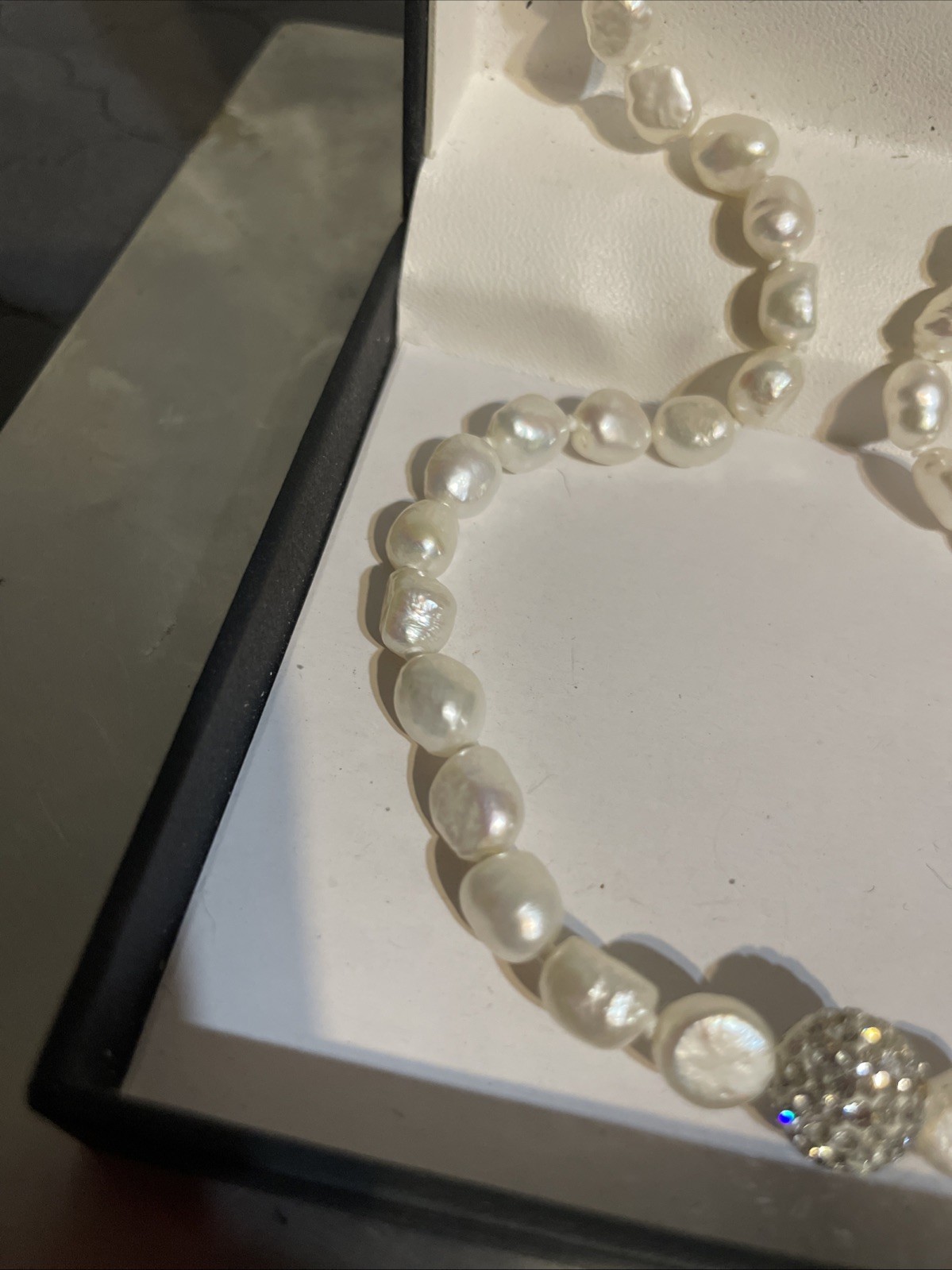 Oyster Cove Genuine Cultured Pearl Strand Necklace White Crystal Pave Ball NIB
