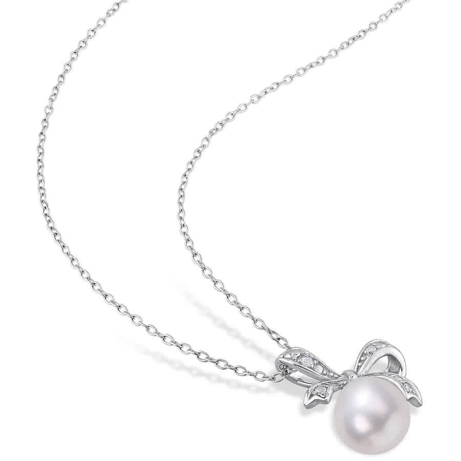 AMOUR 8.5-9mm Freshwater Cultured Pearl and Diamond Accent Bow Pendant with