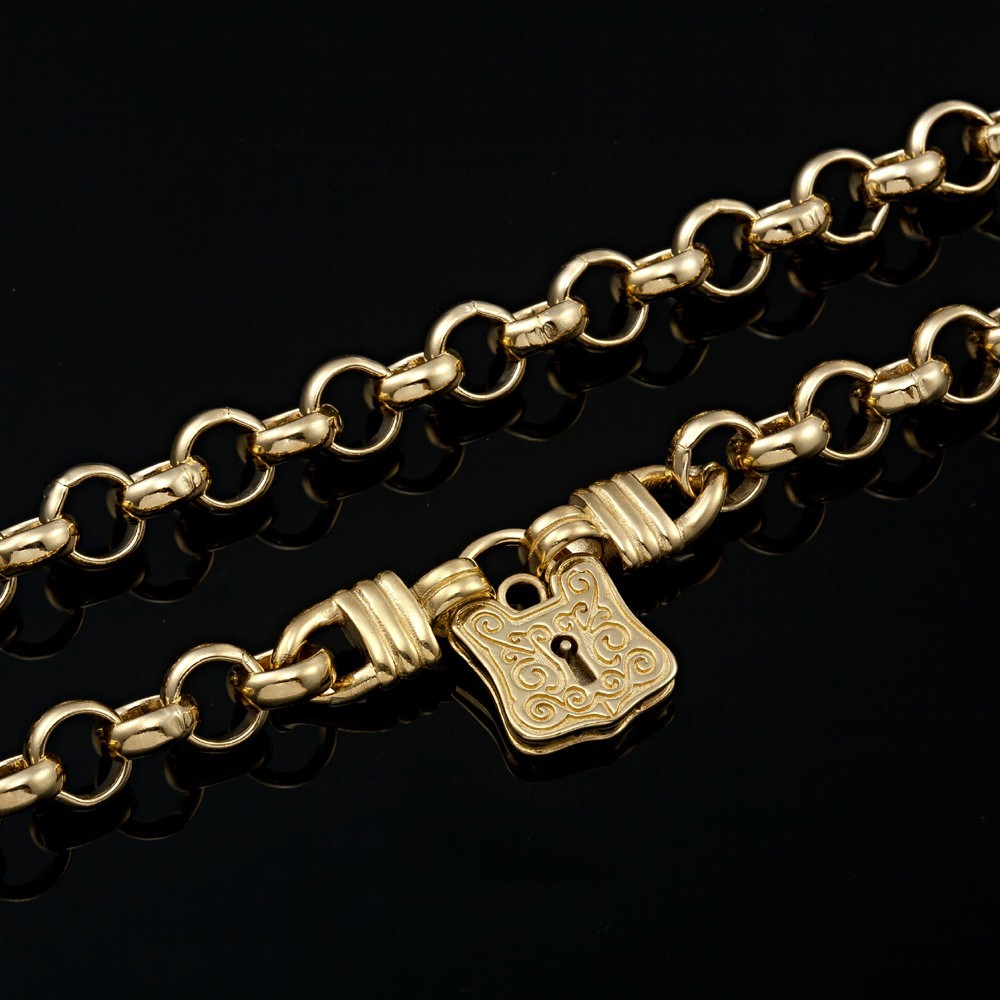 18K GL Thick Solid Belcher Yellow Gold Necklace Antique Style Keyhole Padlock