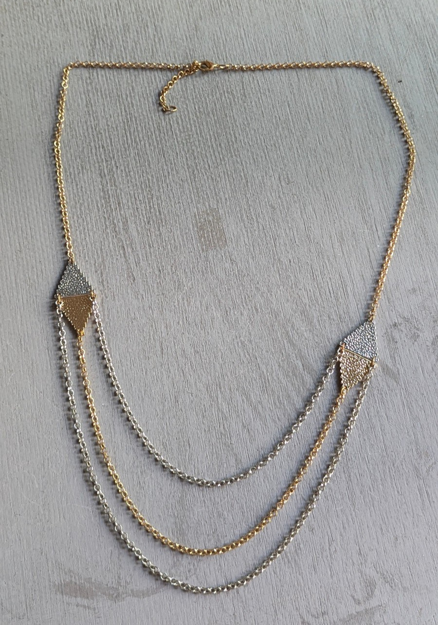 Layered Chain Necklace Three Strands, Two-Tone, Gold Silver 33″ Long Necklace