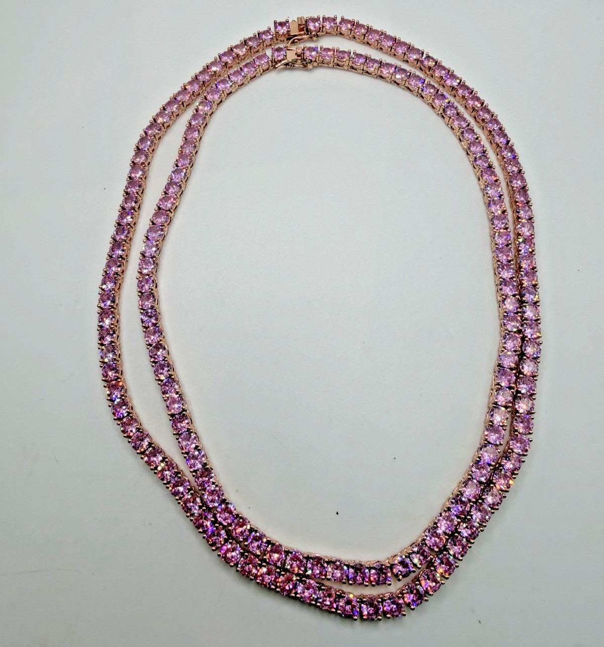 Pink CZ Crystal Tennis Necklaces Rose Gold 16 And 18 Inch 4mm Lot Of Two