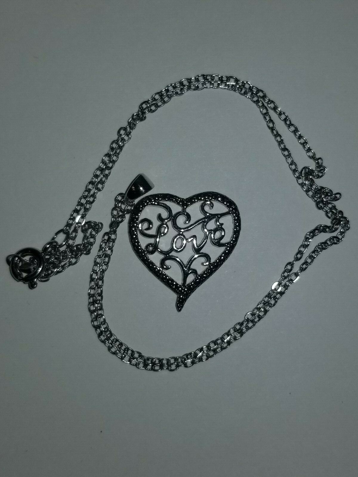14k White Gold Overlay “Love” Heart Necklace