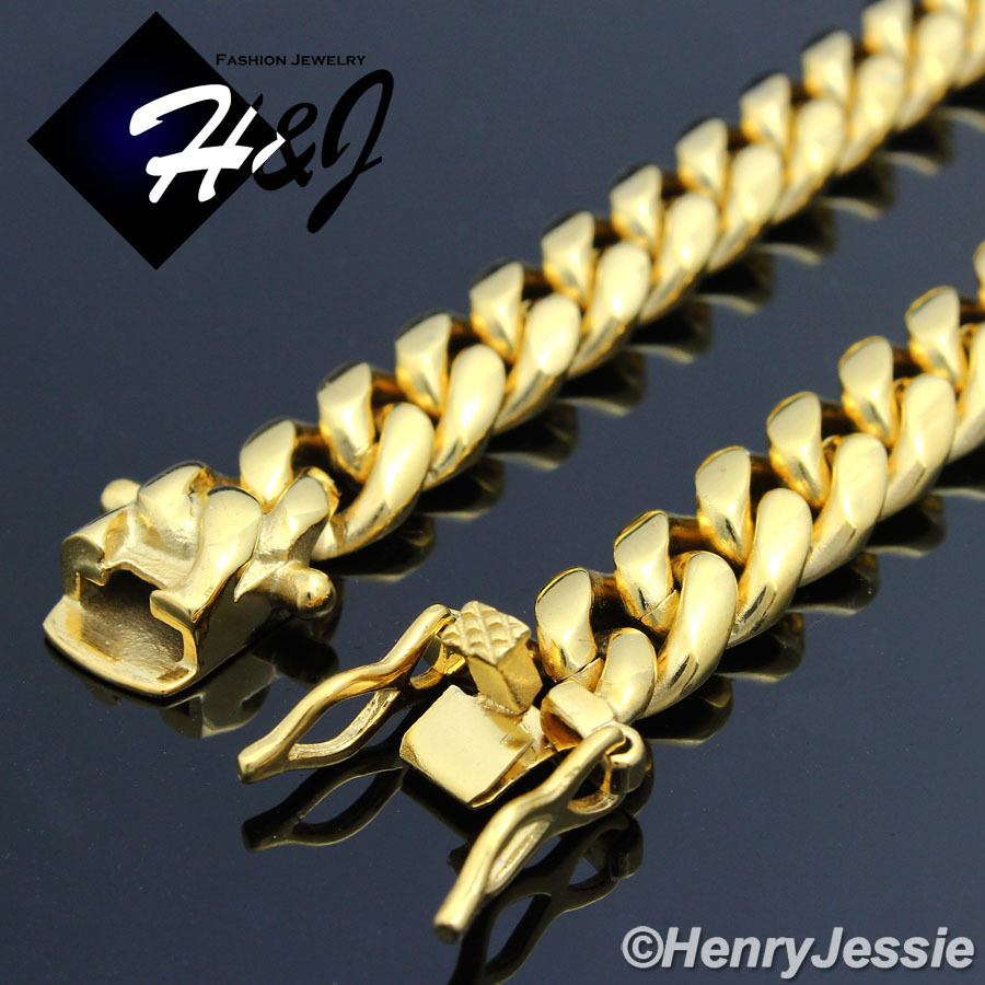 18-40″MEN Stainless Steel 7/10/12/14mm Gold Plated Miami Cuban Curb Necklace*154