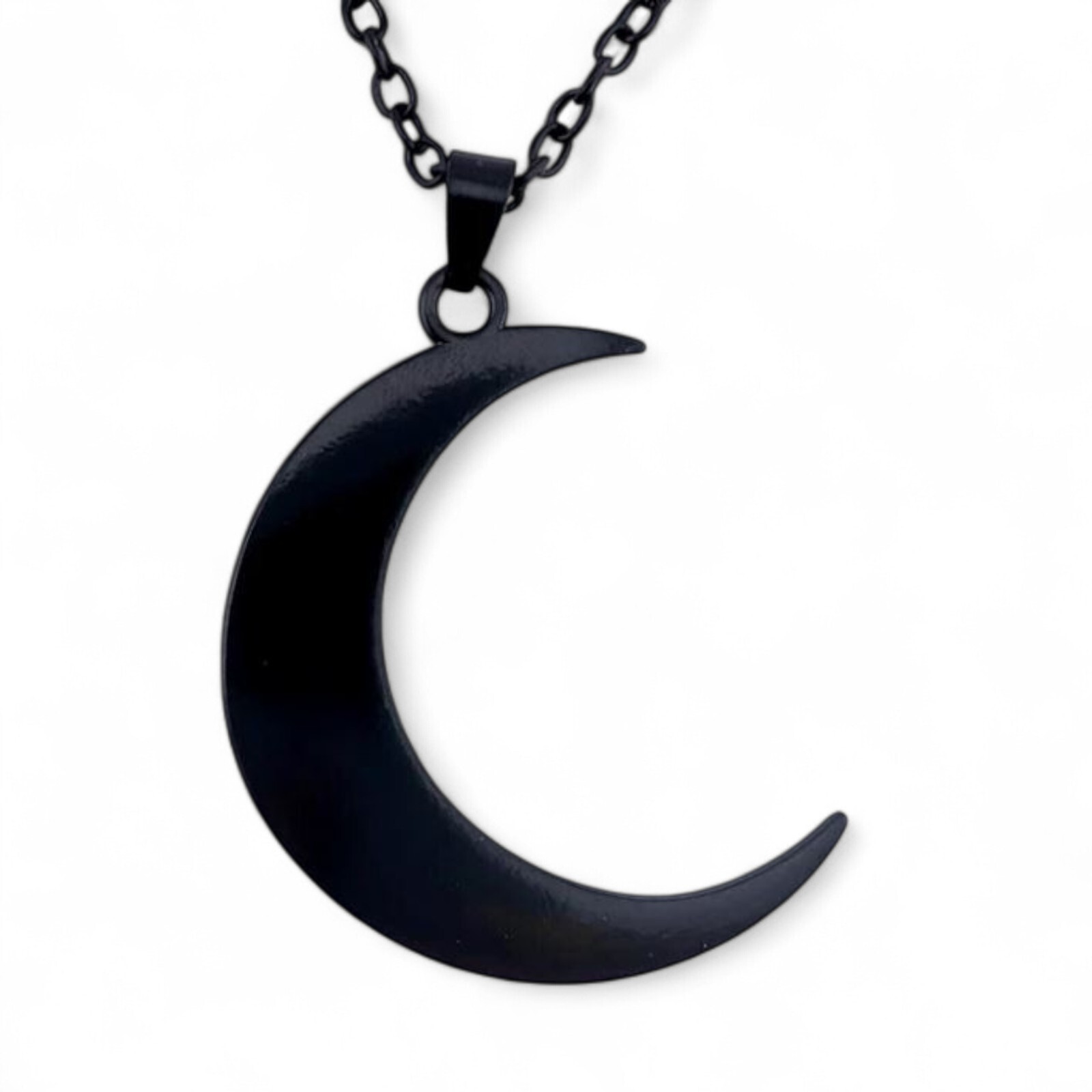 BLACK METAL CRESCENT MOON NECKLACE simple gothic pendant on chain pagan W6