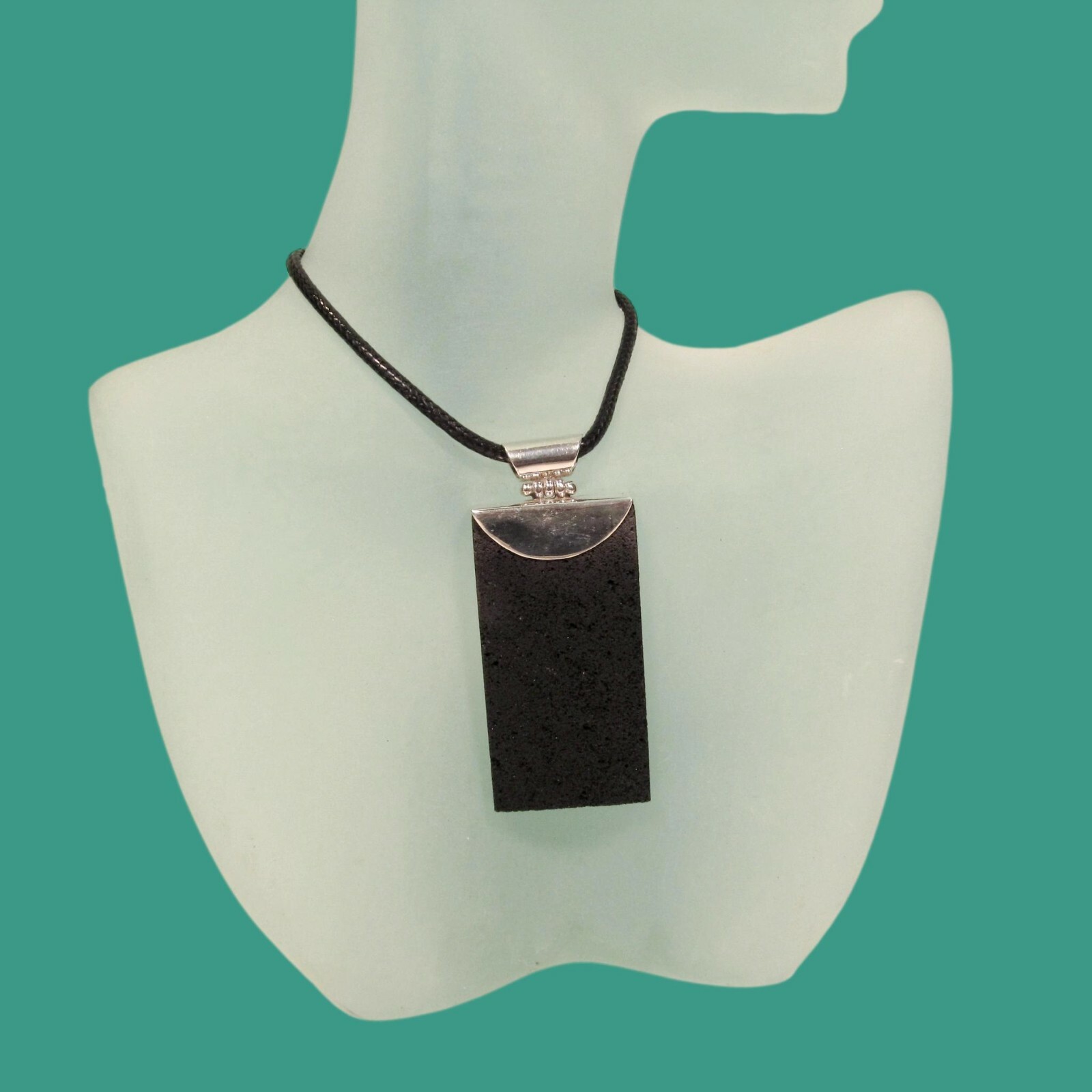 2″ Rectangle Lava Rock Stone 925 Sterling Silver Handmade Pendant