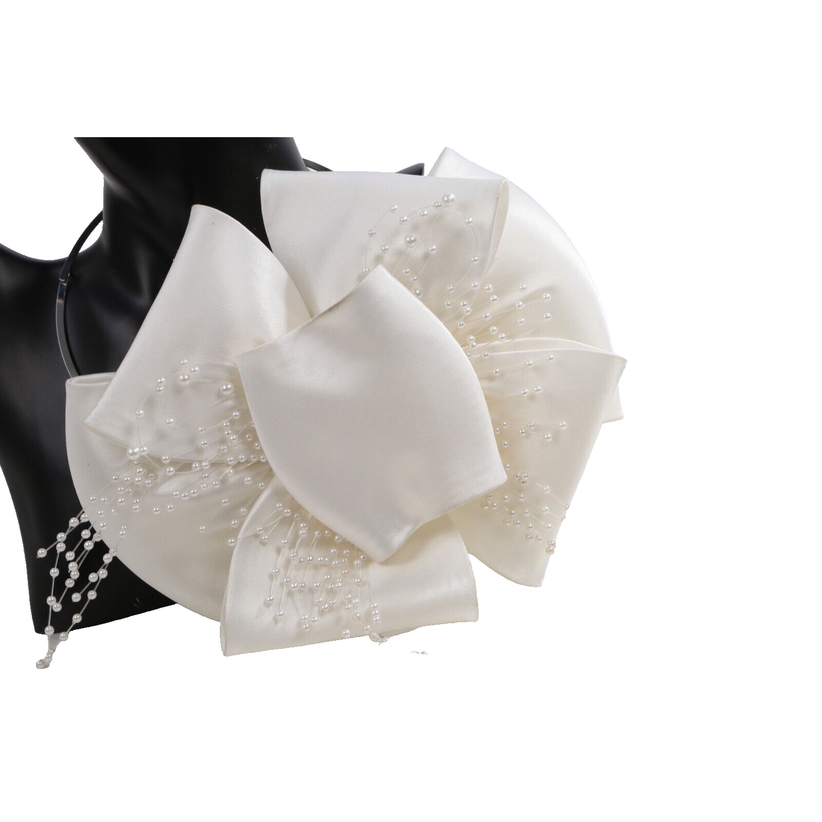 Vintage White Satin Silk Bow Pearl Choker Beaded Ribbon Necklace Bridal Gift