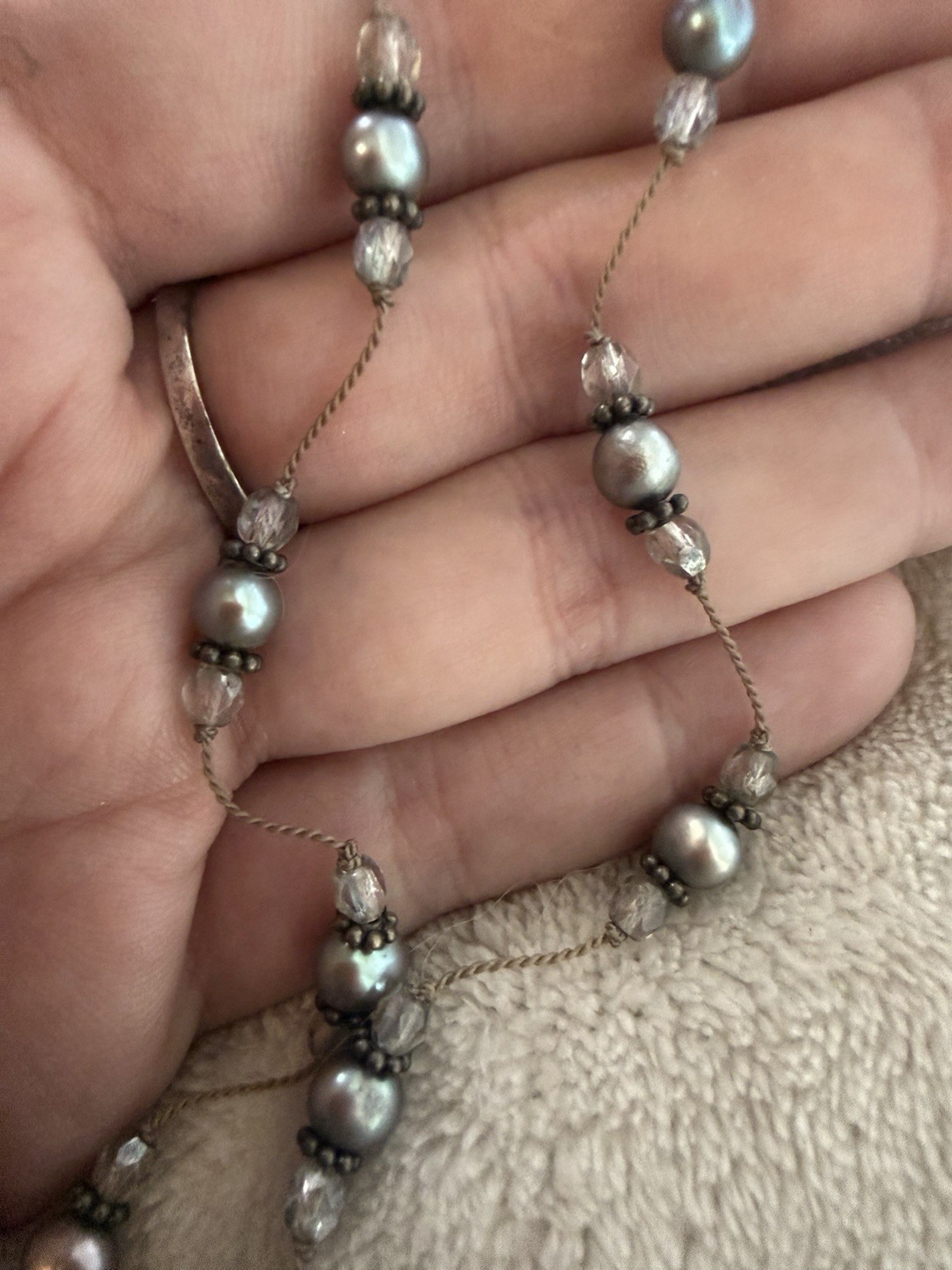 Silver tone station cable chain necklace gray simulated pearl & crystal toggle