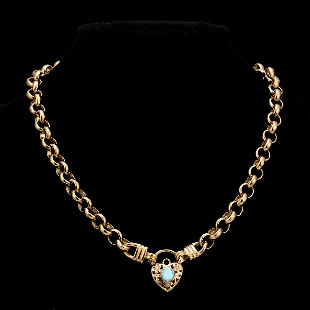 18K GL Thick Solid Rolo Yellow Gold Necklace Filigree Heart Padlock Topaz Blue