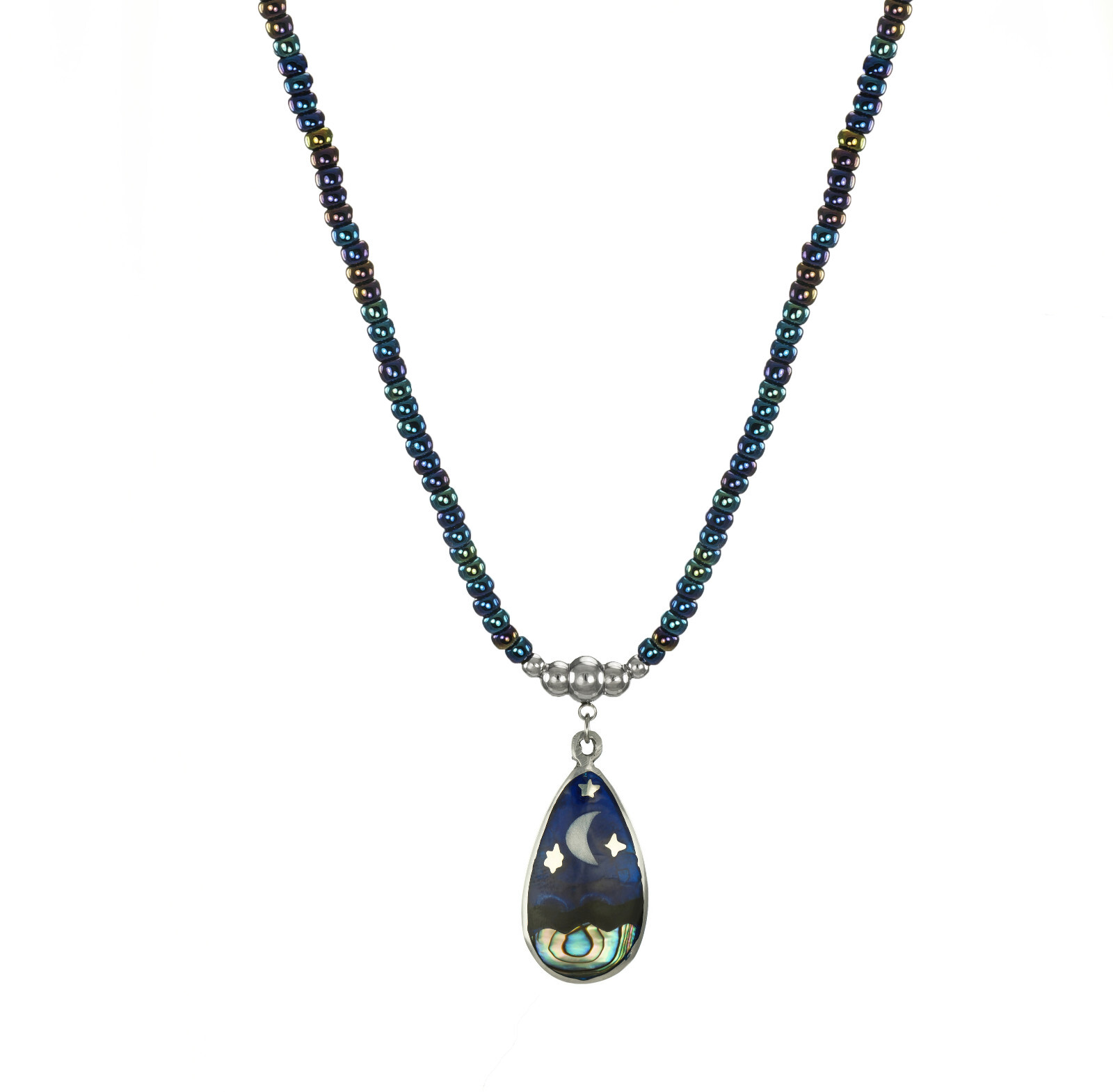 Celestial Abalone Moon & Star Teardrop Iris Blue Glass Handmad Beaded Necklace