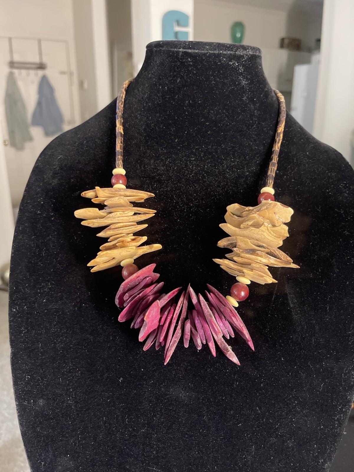 Statement Bohemian Beaded Necklace Brown Cord Gold & Purple Wood Chip Beads
