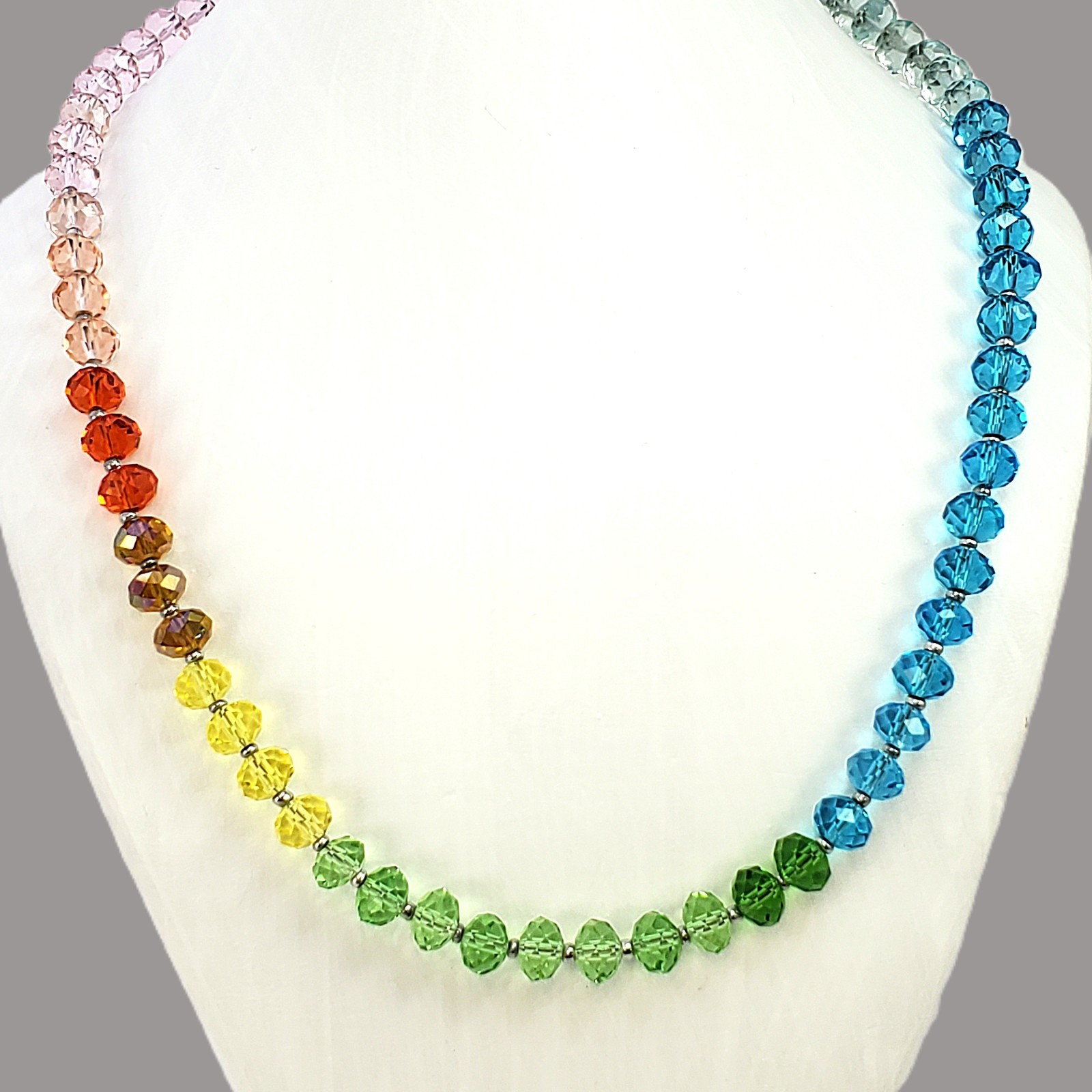 Multicolor RAINBOW Faceted Rondelle Glass Bead Necklace Silver Tone 19″ to 20.5″