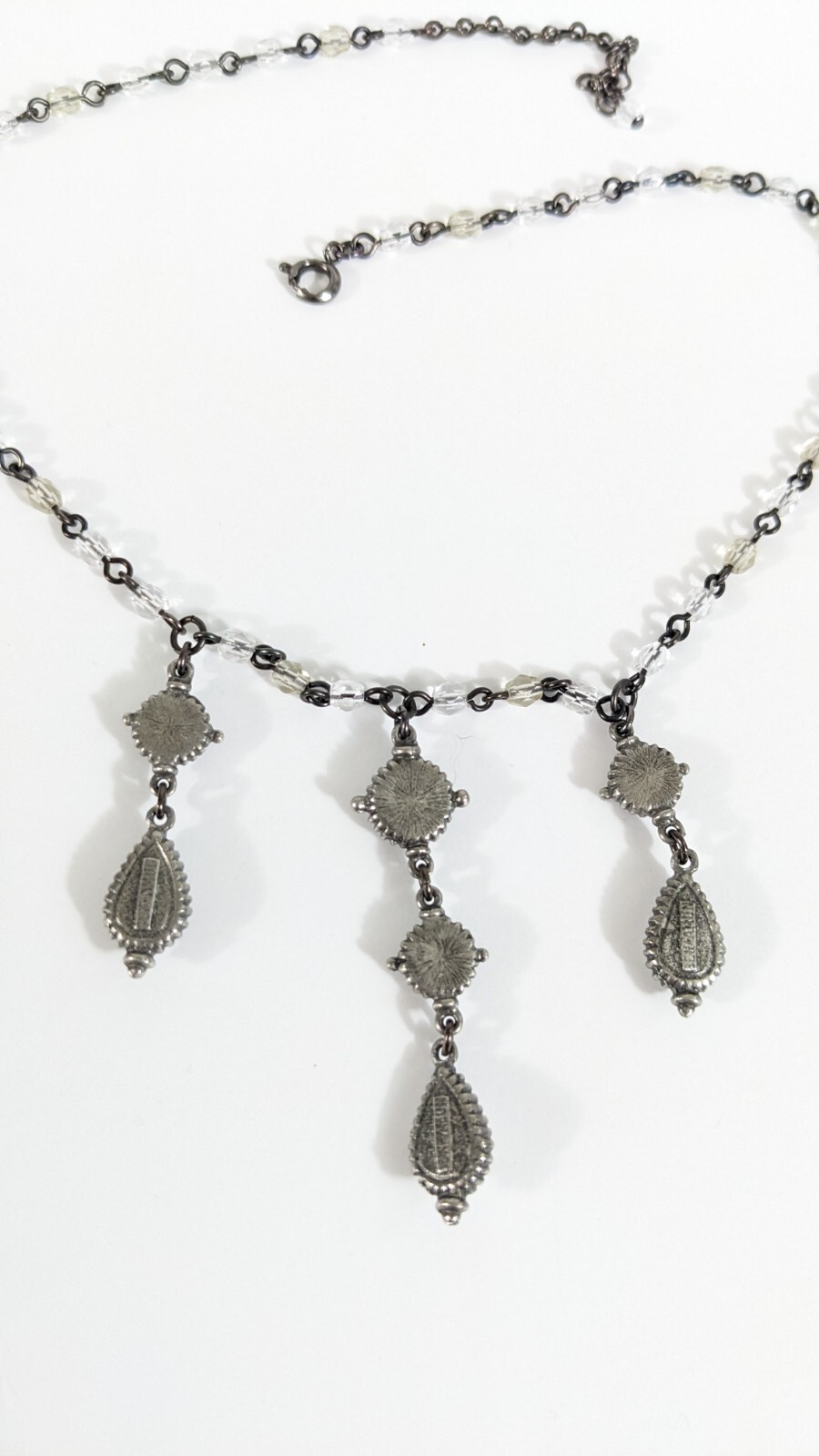 Ben Amun Crystal Dangle Necklace Silver Toned White Colorless Beads Rhinestones