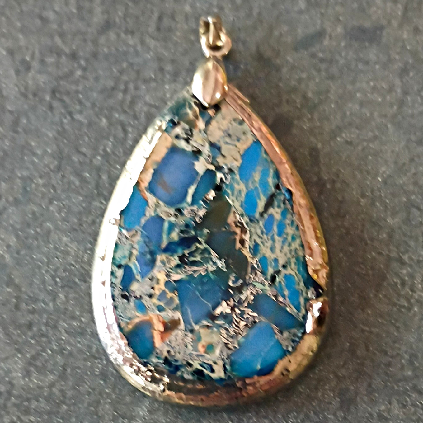 Teardrop Blue Jasper Stone Charm Pendant Silver Tone Bezel Setting w/ Bail