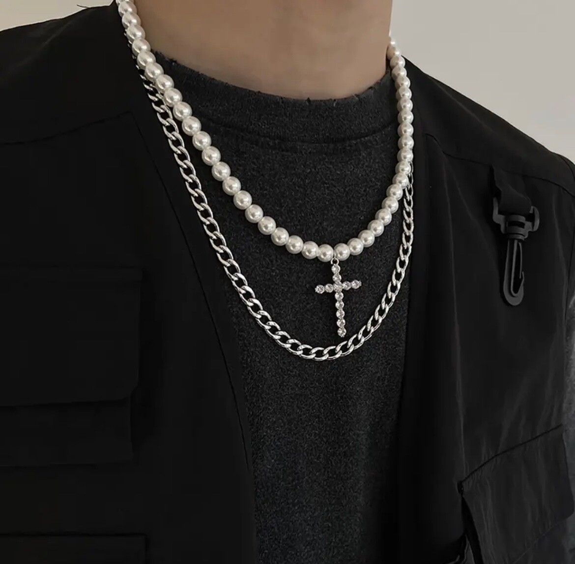 Men’s Fashion Double Layer Pearl Cross Chain Layered Pendant Necklace 513