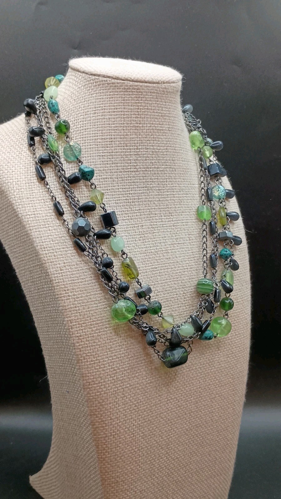 Lia Sophia Herb Garden Necklace Multistrand Green Blue Glass Hematite 17-20″