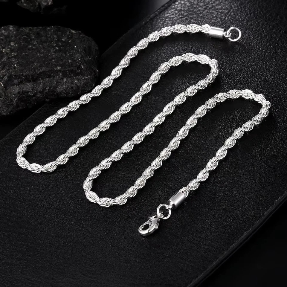 Silver palted Italian Rope Chain Men’s Necklace 4mm – NEW