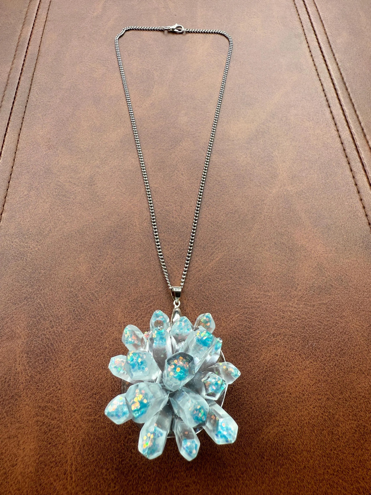 Crystal Cluster Resin Necklace | Iridescent Blue Pendant | 18 In Steel Chain