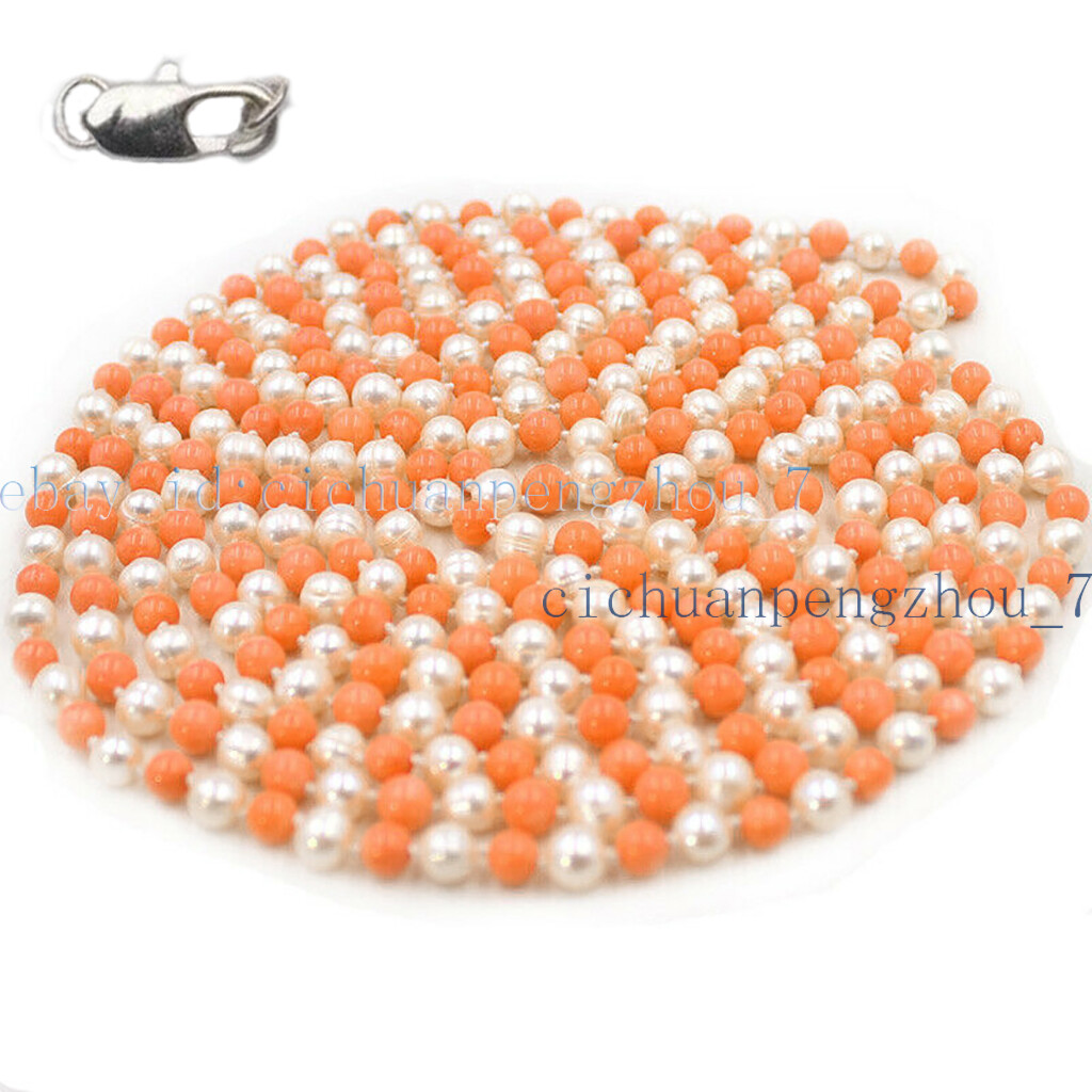 Natural 6-7mm White Pearl 8mm Orange Coral Round Beads Necklace 16-100”