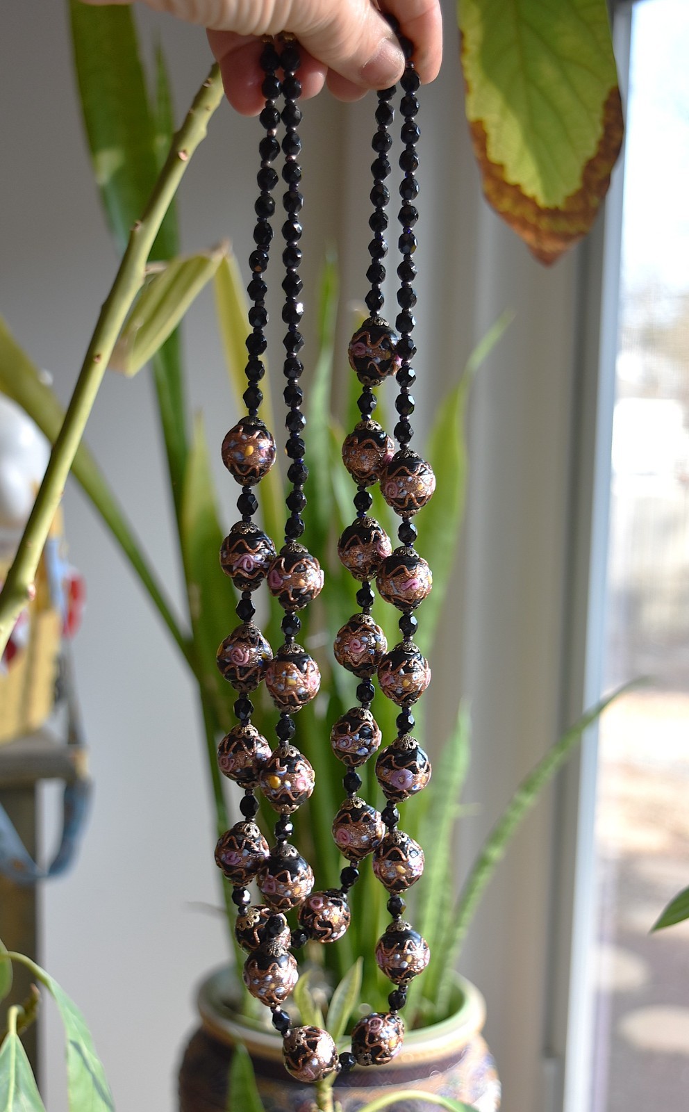 Vtg 2 Strand Venetian Murano Black Wedding Cake Glass Beaded Necklace Earrings