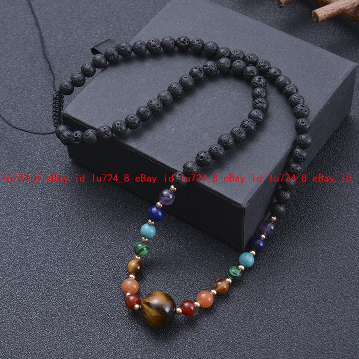 6mm Round Black Lava Rock Gems Braid Rope Adjustable Tigers Eye Pendant Necklace