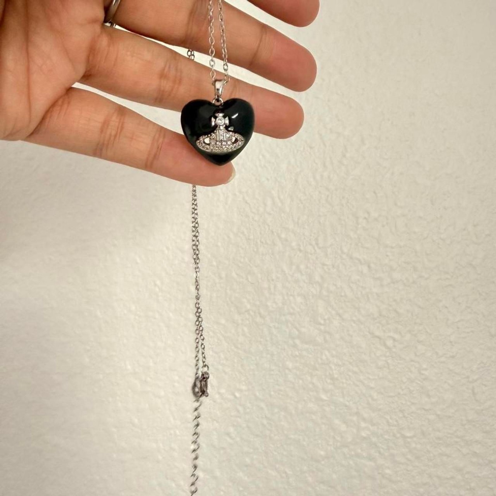 Black Heart Saturn CZ Pendant Stainless Steel Necklace
