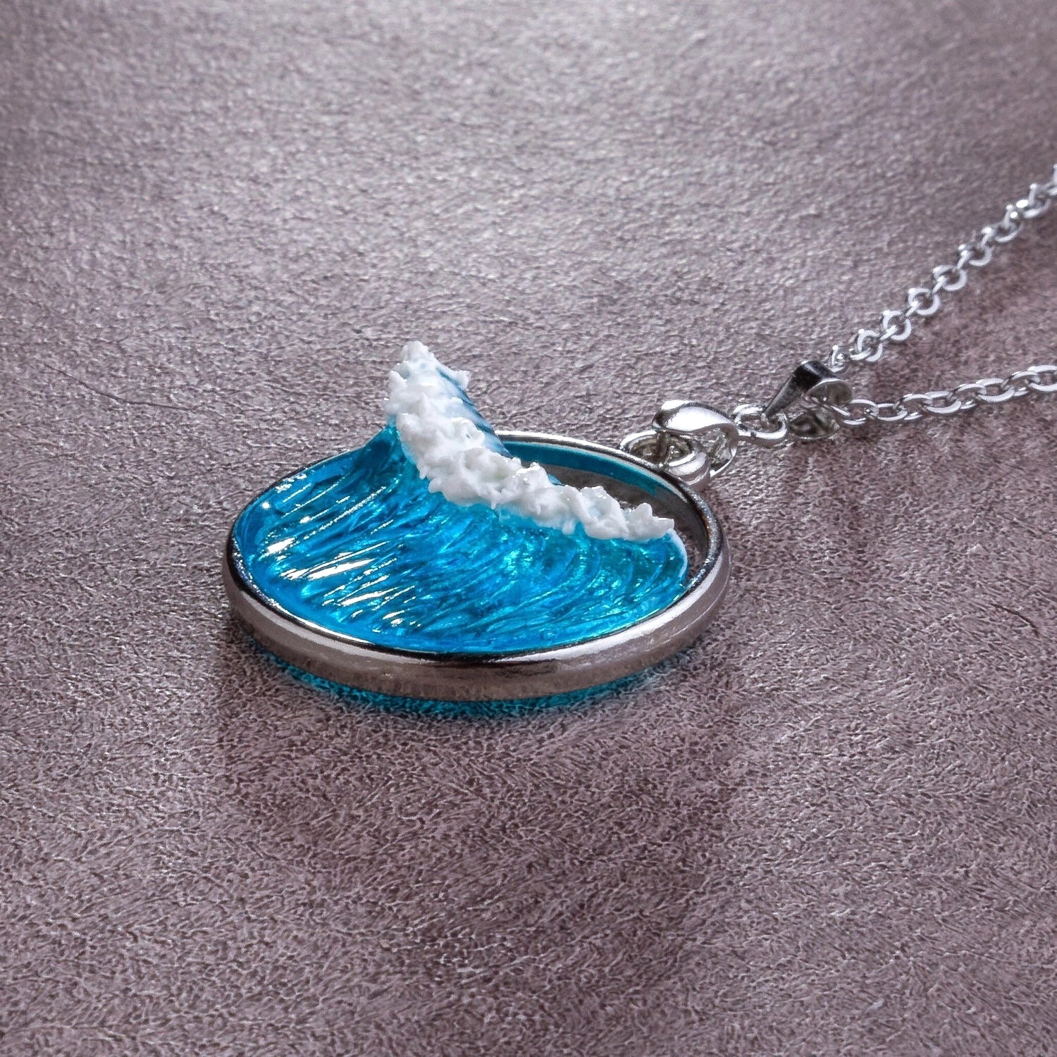 **Handmade Silver Ocean Wave Necklace Resin Sea Jewelry Gift for Her**