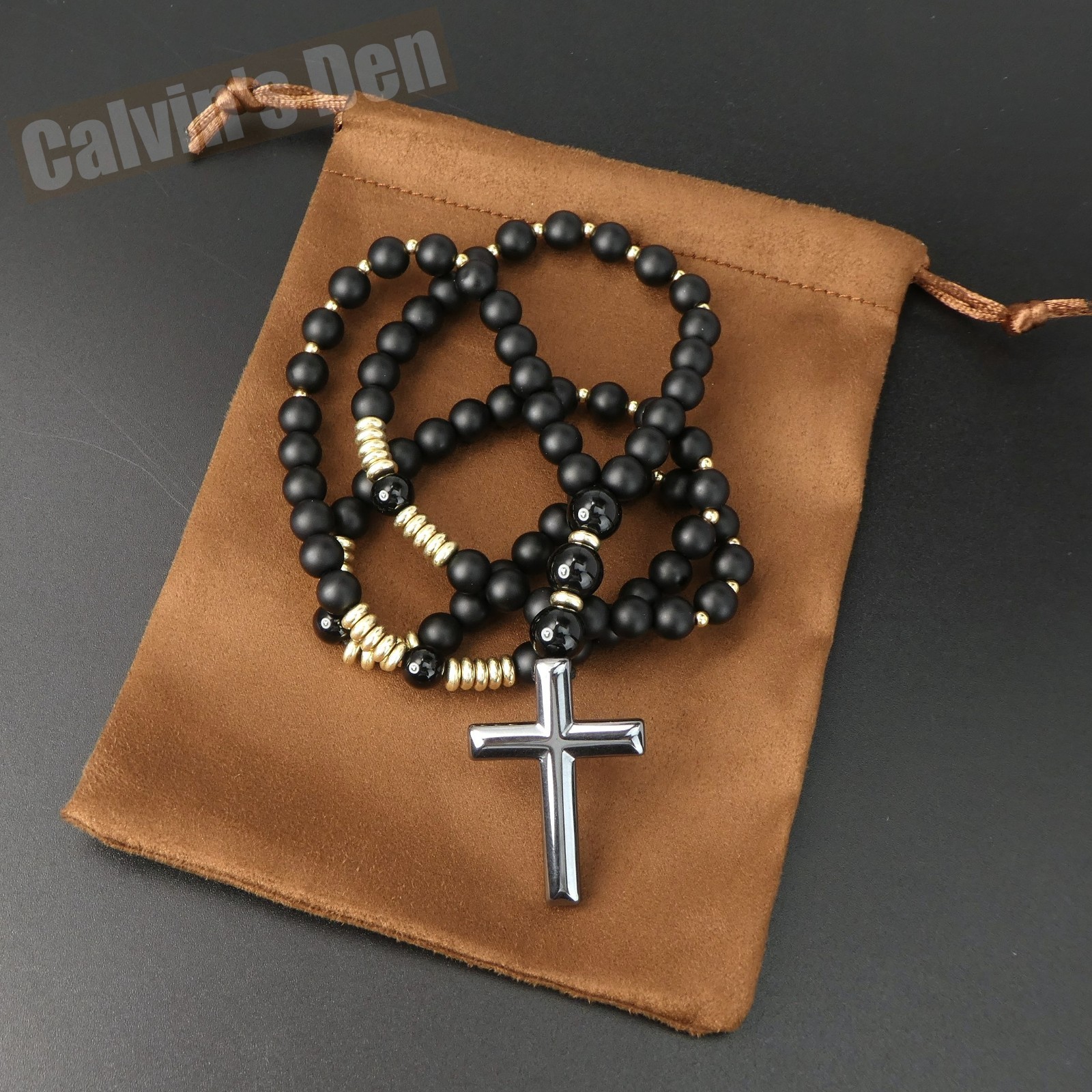 Matte Black Obsidian Polished Black Onyx Bead Cross Necklace Men Women Gift