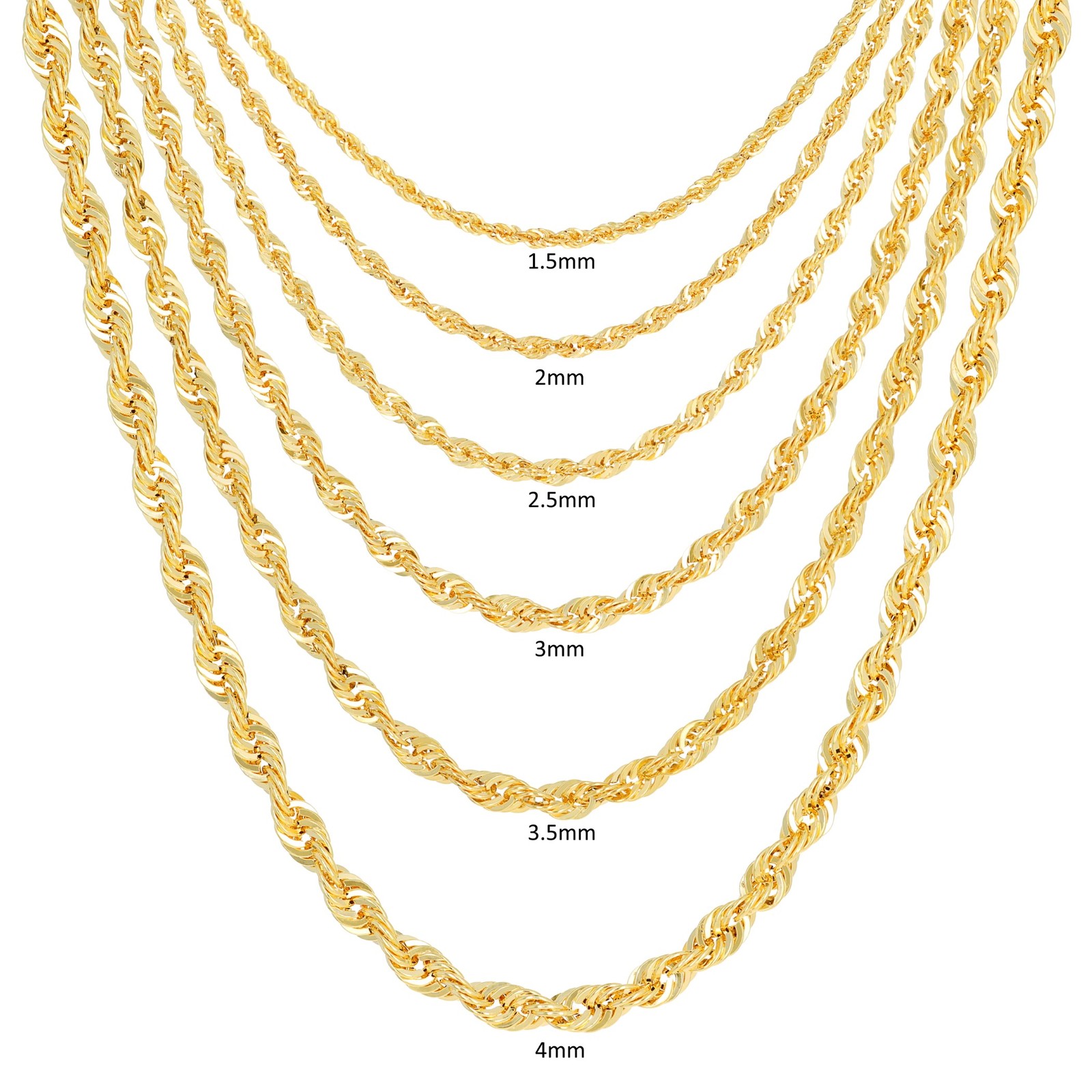 14K Yellow Gold 1mm-4mm Laser Diamond Cut Rope Chain Necklace Men Women 16″- 30″