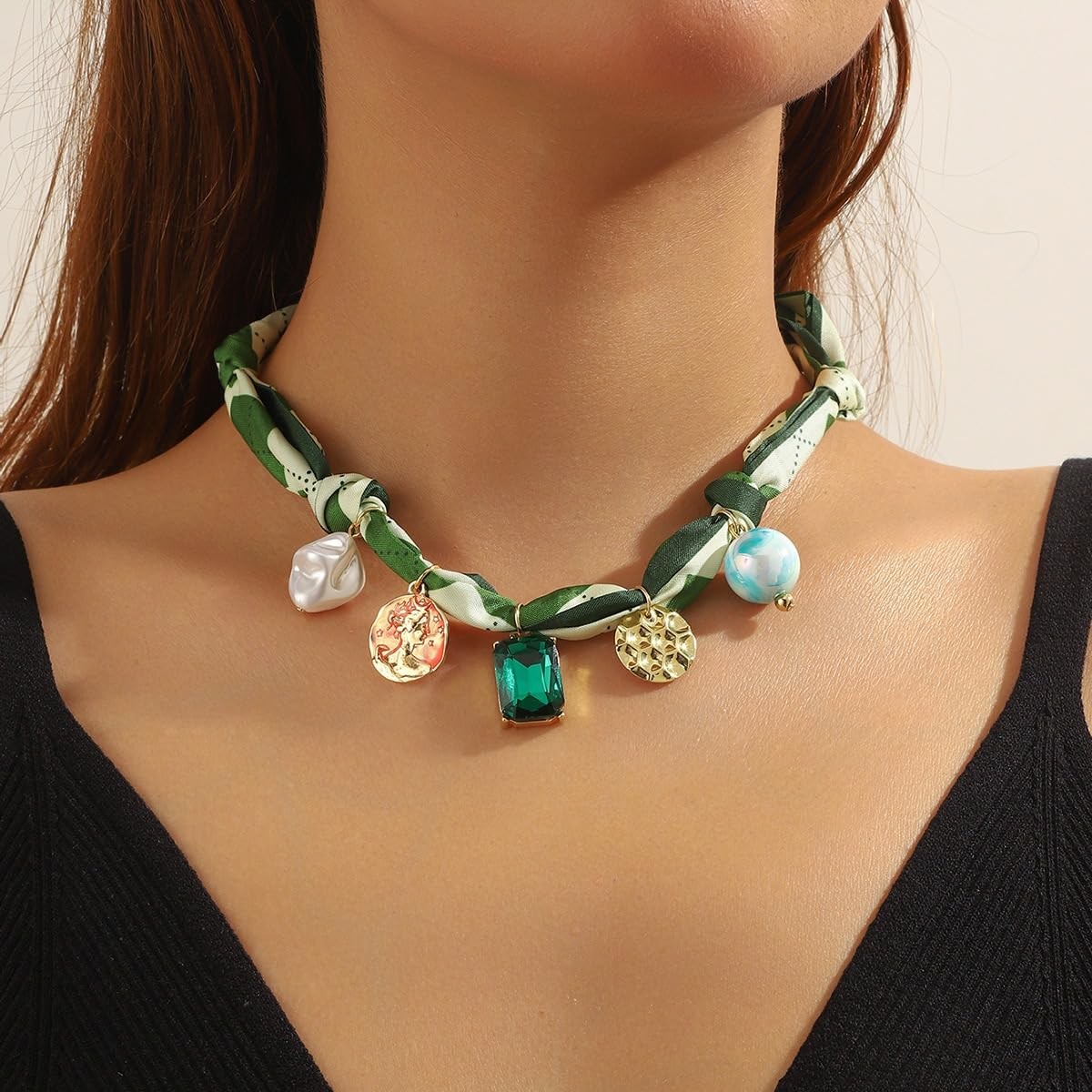 Scarf Bandana Necklace with Charm Colorful Silk Flower Crystal Medium, Green