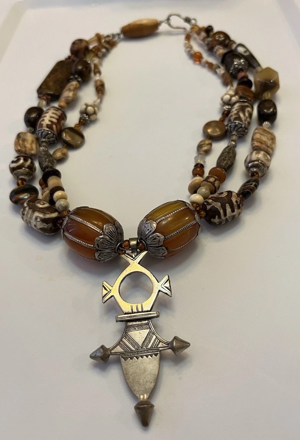 Global Trade Bead Necklace Amber Gemstone DZI Shell Glass Tuareg Cross Pendant