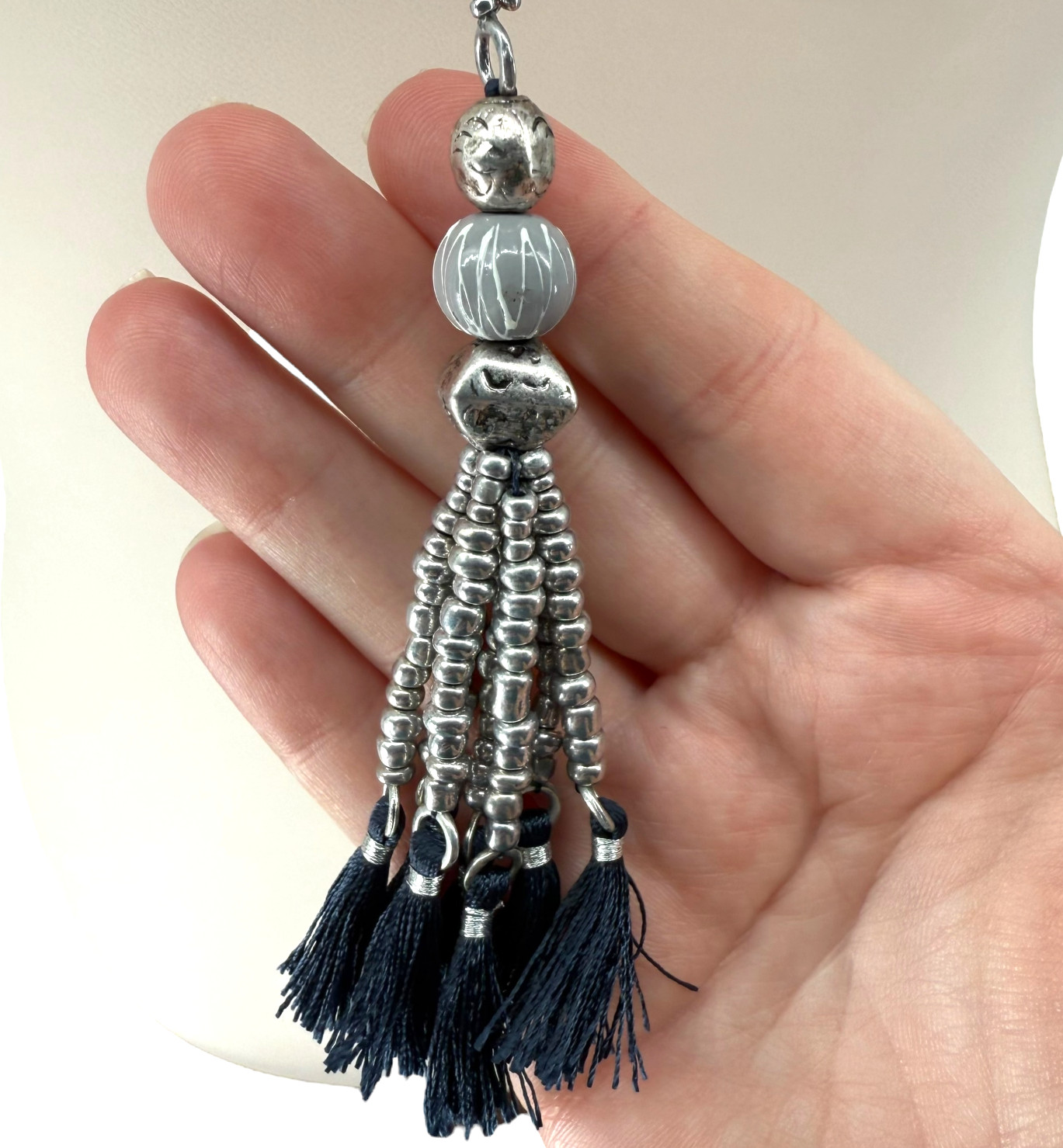 J Jill Tassel Necklace Silver Tone Beaded Blue Pendant Boho Long 32″ Coastal NWT