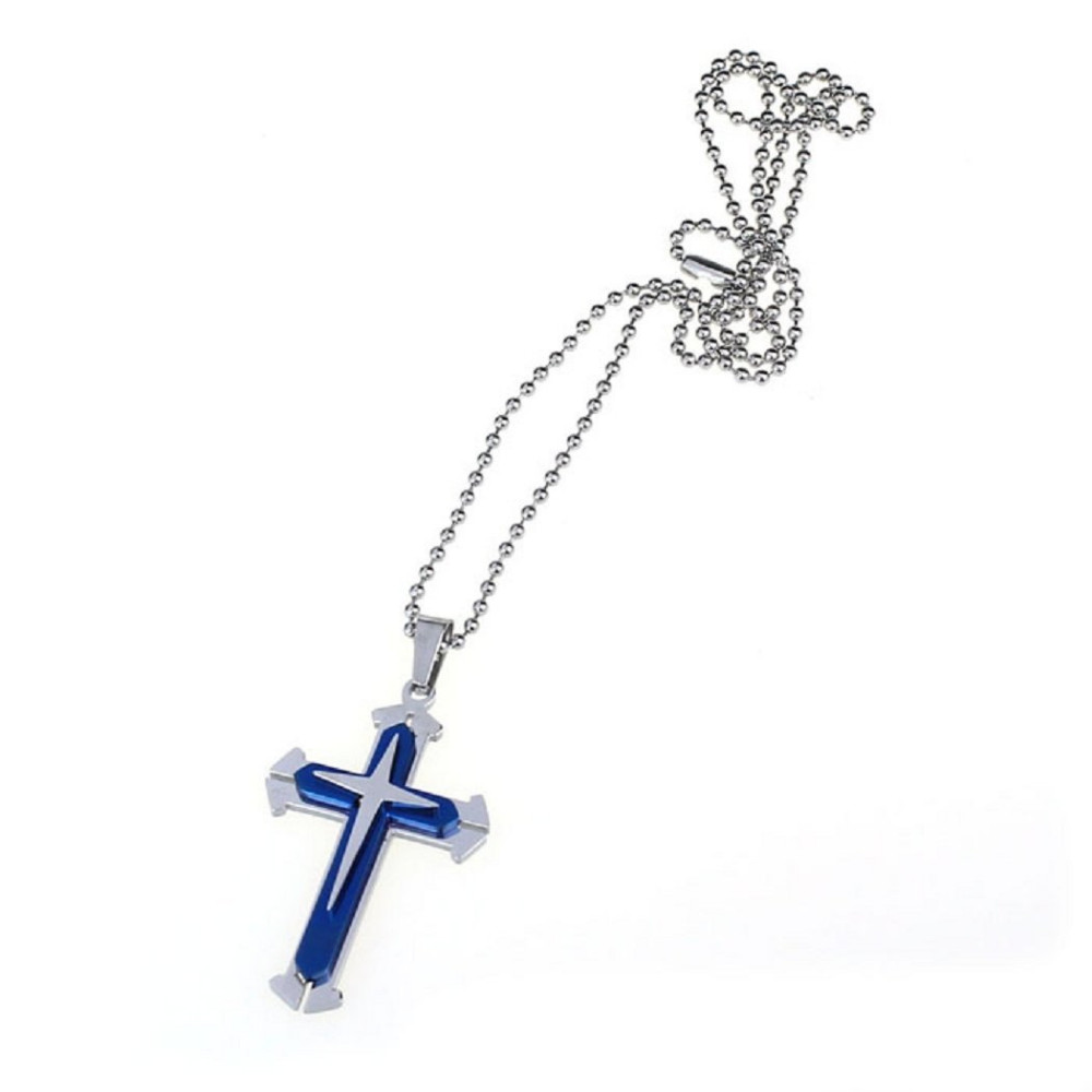 New Unisex’s Men’s Women Silver Blue Stainless Steel Cross Pendant Necklace Gift