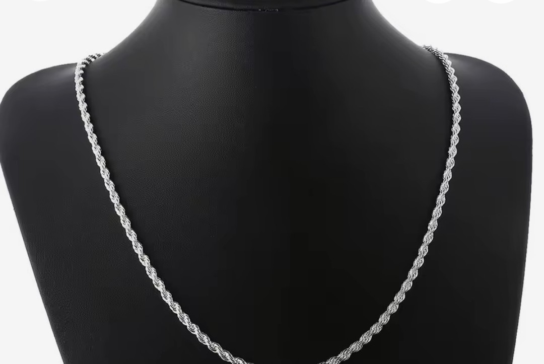 925 Sterling Silver Rope Chain Necklace, Signed, No Stone, Lobster Clasp