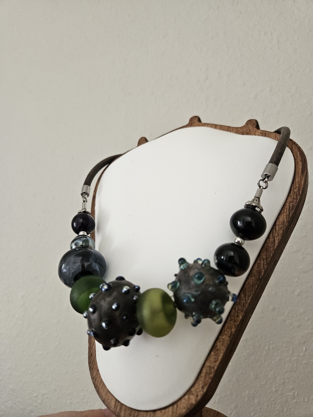 Statement Beaded Necklace Black Green Gray Round Glass Beads Leather Cord