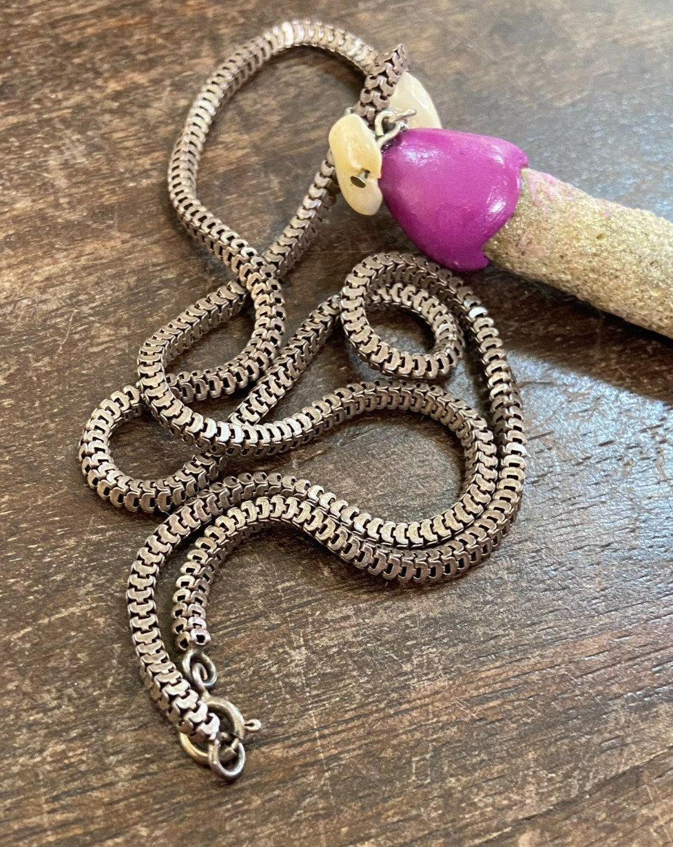 Handcrafted Coral Necklace with Purple Clay Accents and Spiritual Charms