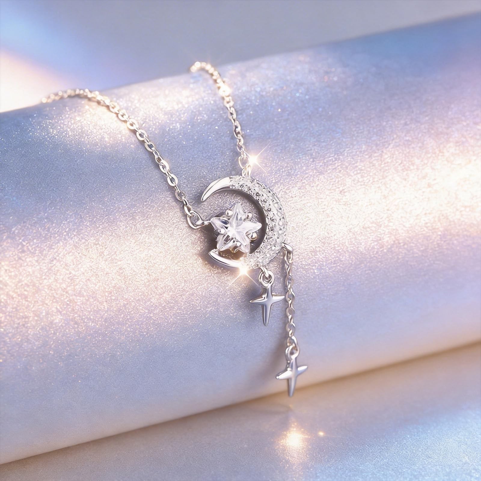 Moon Necklace Silver Moon Star Pendant Y-shaped Dainty Necklace for Adults We…
