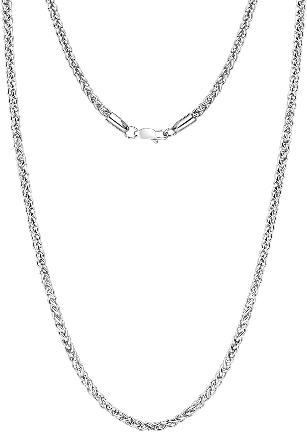 Silver Tone Stainless Steel Wheat Chain Necklace for Men and Women, Simple Jewel