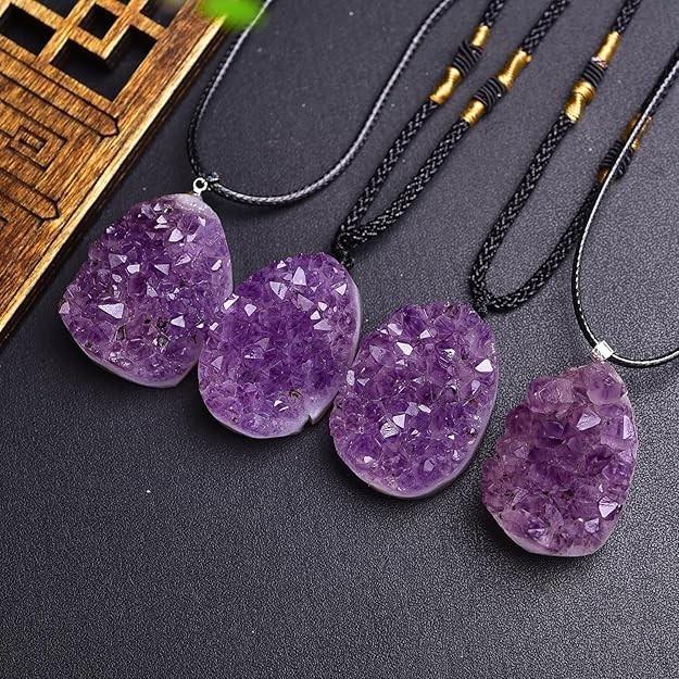 Genuine Raw Amethyst Geode Cluster Pendant Necklace Spiritual Crystal Necklace