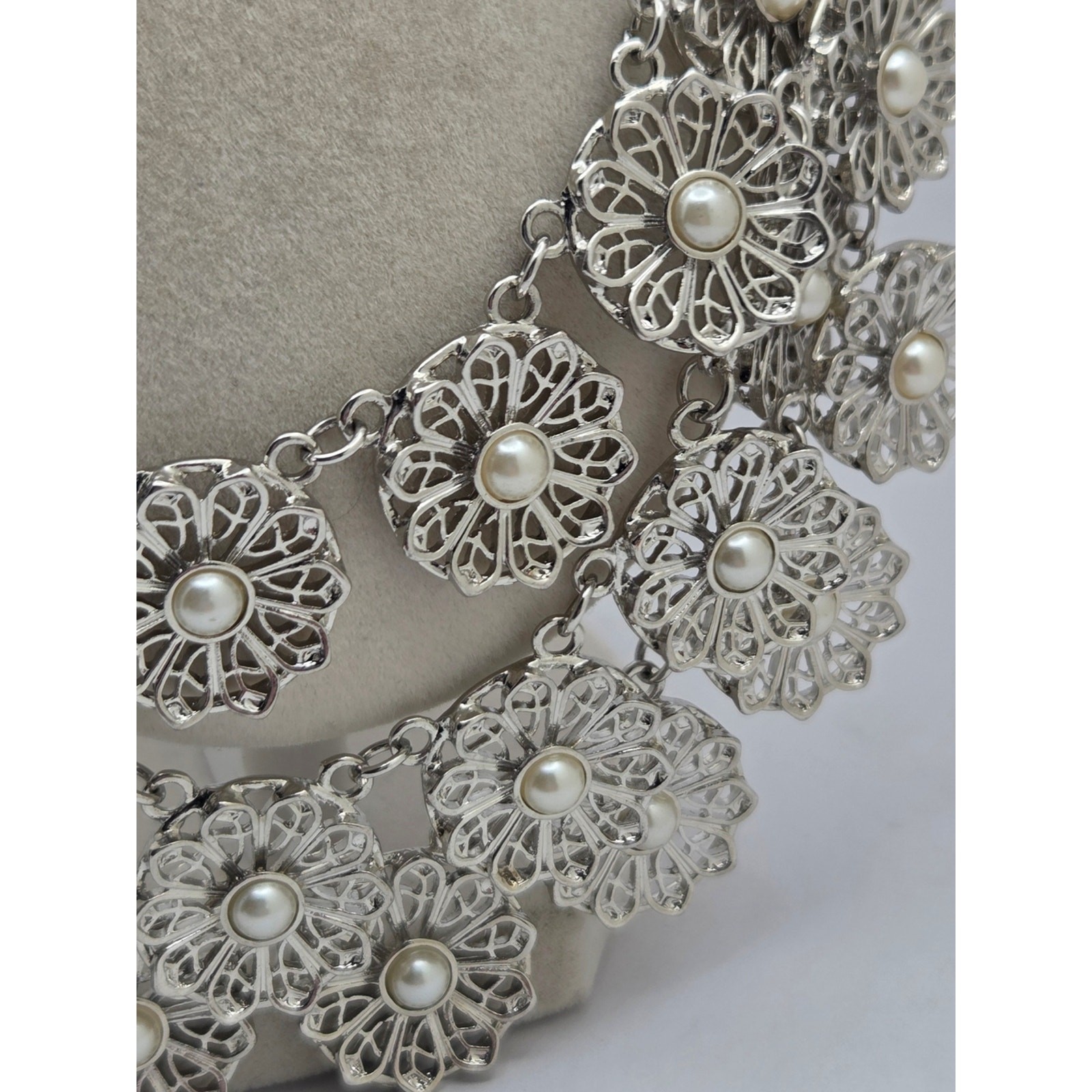 Vintage Inspired Silver Filigree Flower Faux Pearl Bib Statement Necklace 22″
