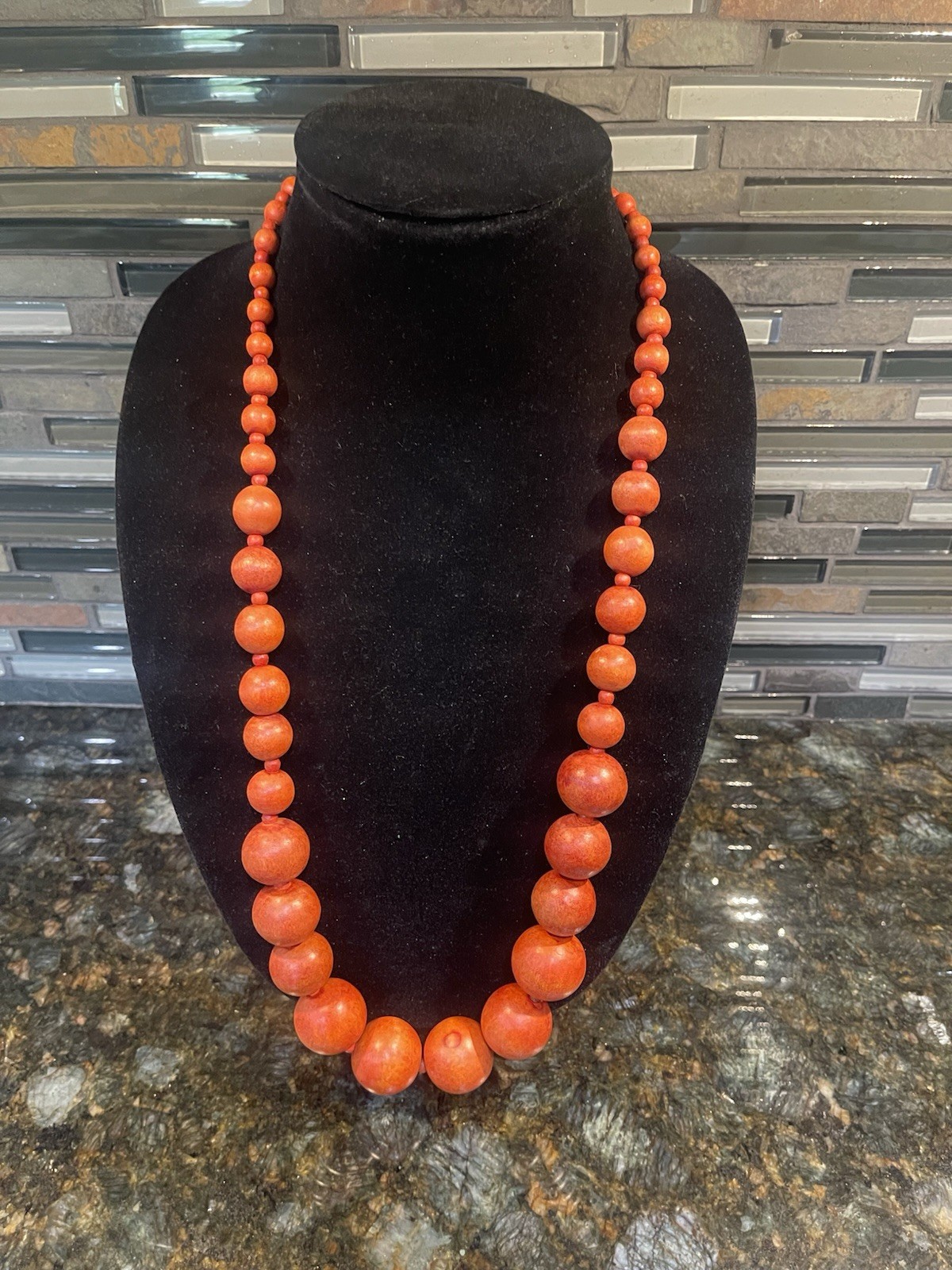 Graduated Orange Wooden Bead Statement Necklace Boho Chunky Retro Fashion 30”