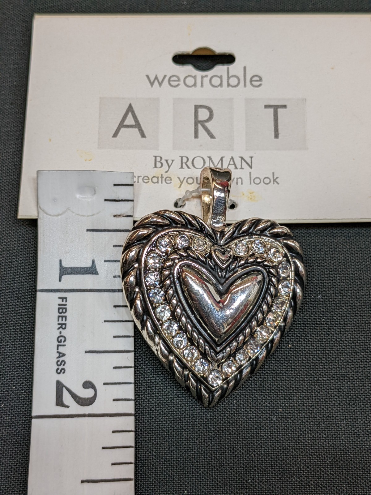 Wearable Art By Roman Silver Tone Rhinestone Heart Pendant Enhancer Charm NWT