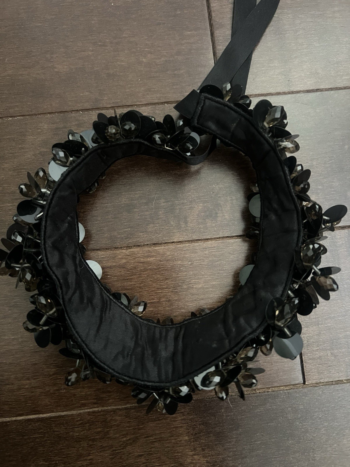 J.Crew Black Crystal Bib Statement Necklace Ribbon Tie Closure Adjustable Signed