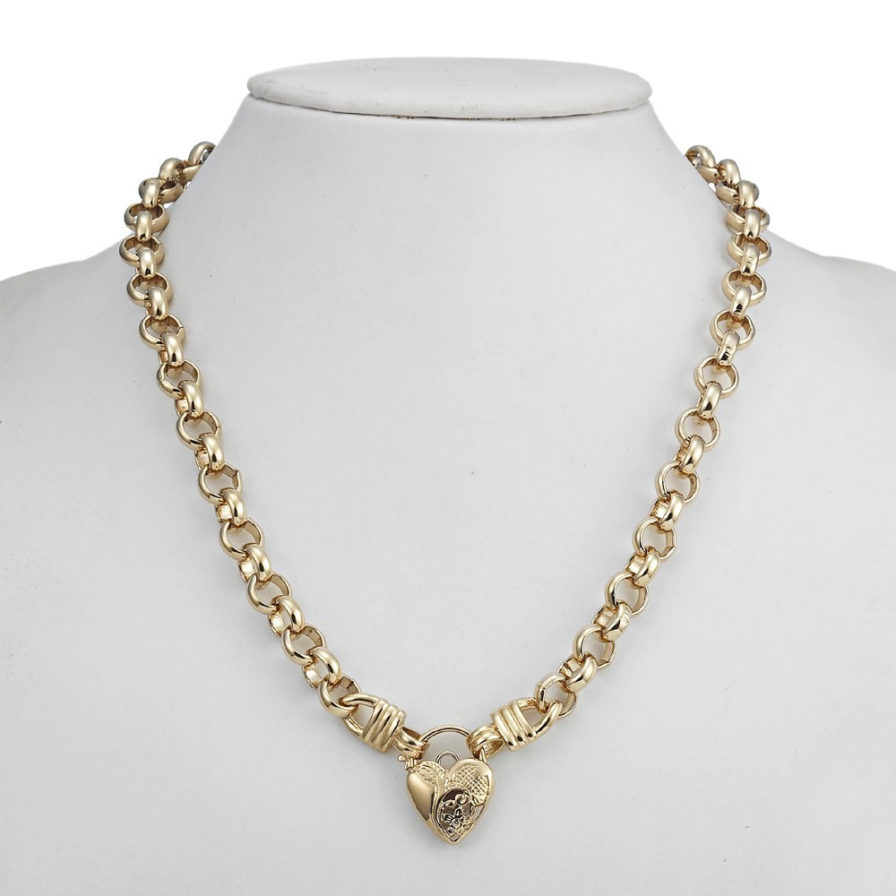 18K GL Thick Solid Rolo Yellow Gold Chain Necklace Half Filigree Heart Padlock