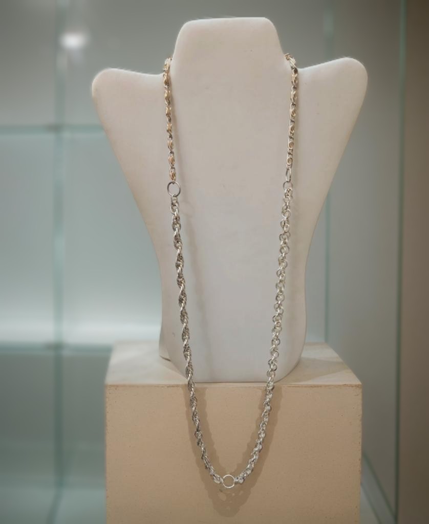 Long Thick Silver Tone Chain Necklace 35″ Double Rolo & Double Scroll Chains