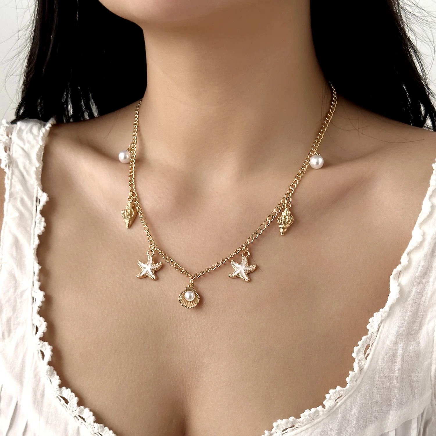 Fashion Gold Color Starfish Conch Turtle Pendant Necklace for Women Handmade She