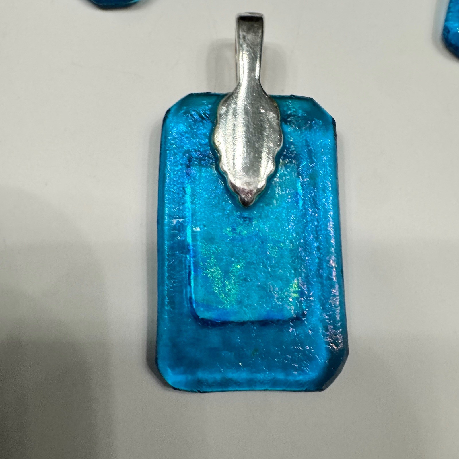 Japanese inspired blue resin pendant with Earrings, embedded Iridescent flakes