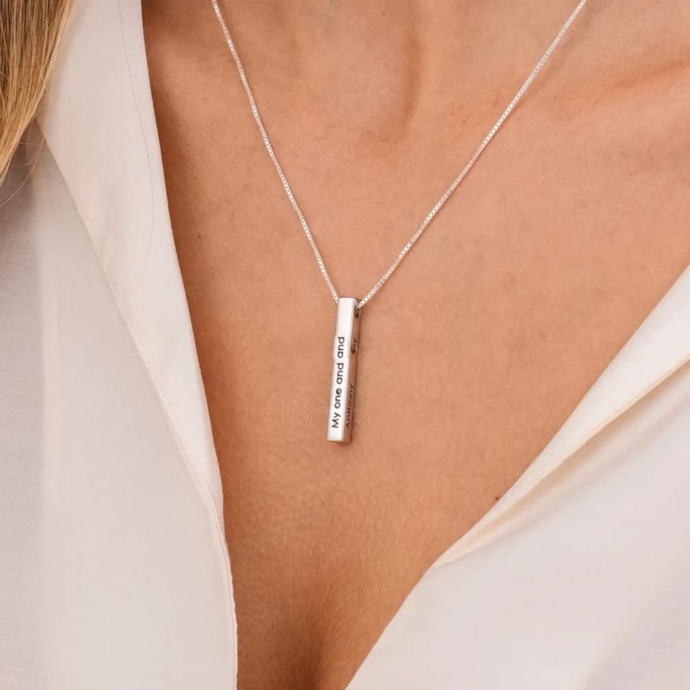 Personalized 4 Sided Vertical Bar Necklace Custom Text Engraved 3D Bar Pendant