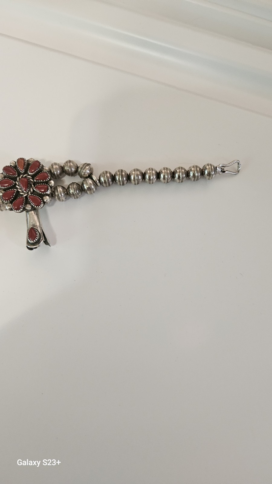 Silver Tone Beaded Necklace Crescent Charm Pendant Red Teardrop Floral Hook